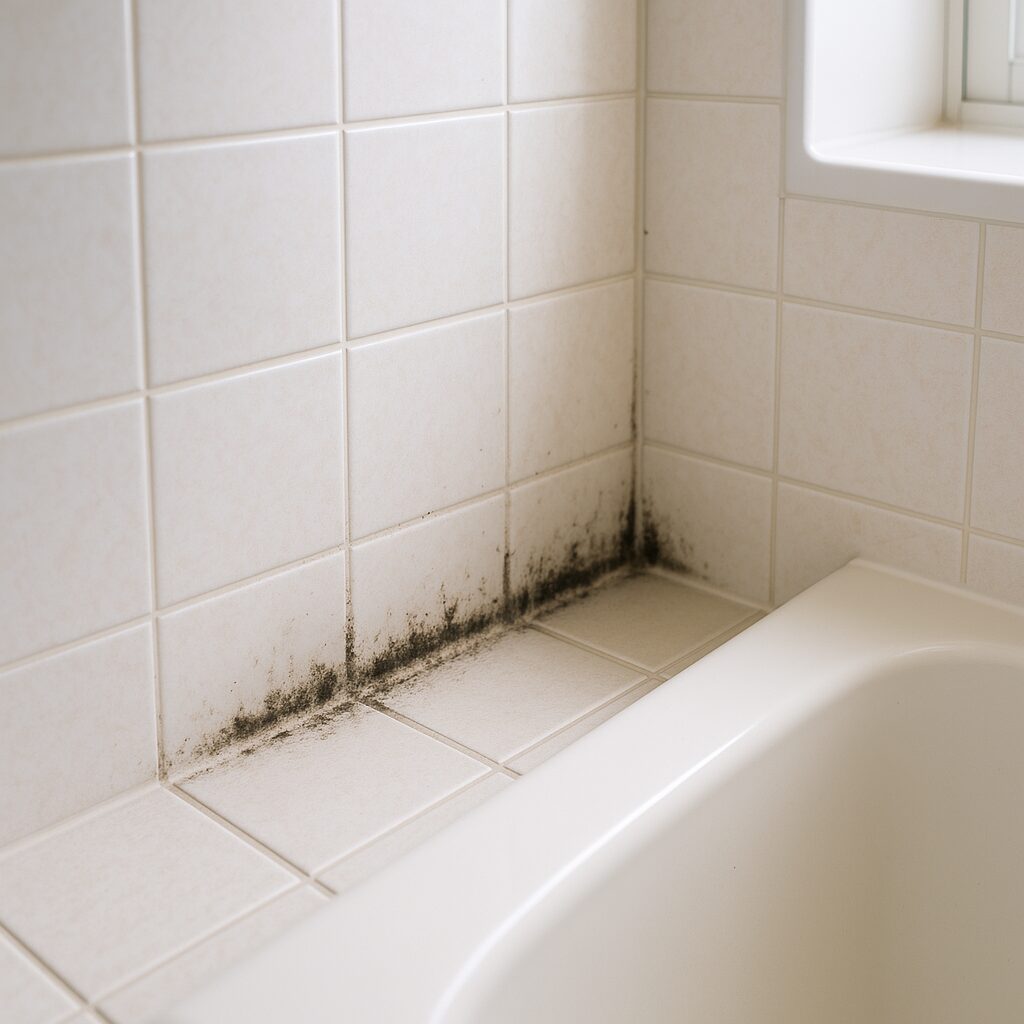 浴室のタイル目地にびっしり生えた黒カビ