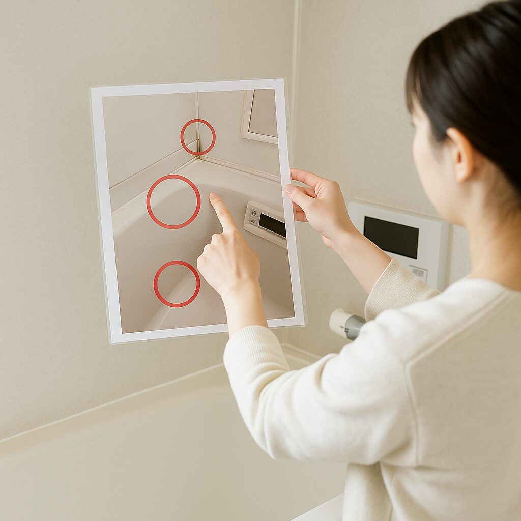 浴室内の黒カビが発生しやすい場所を示した解説図