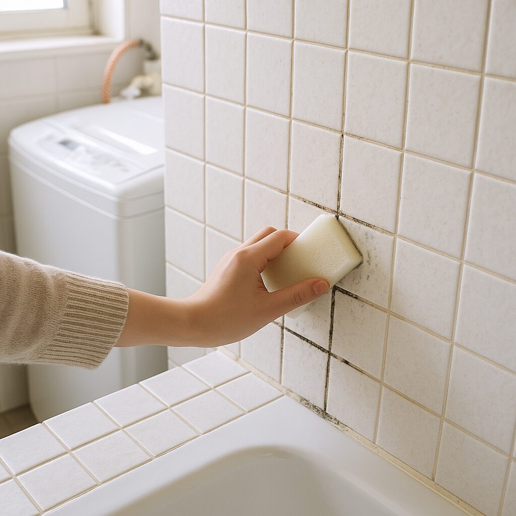 浴室のタイル目地に生えた黒カビをスポンジでこすって掃除している様子