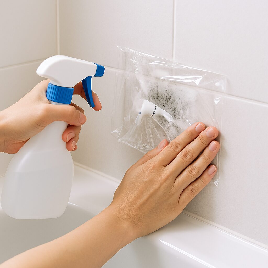 浴室の黒カビ部分にカビ取り剤をスプレーしラップで覆っている手順の様子