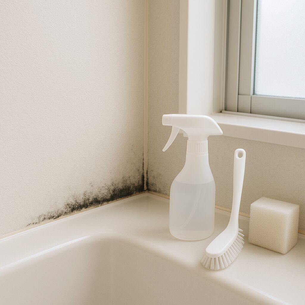 浴室の床とゴムパッキンに生えた黒カビと掃除用具