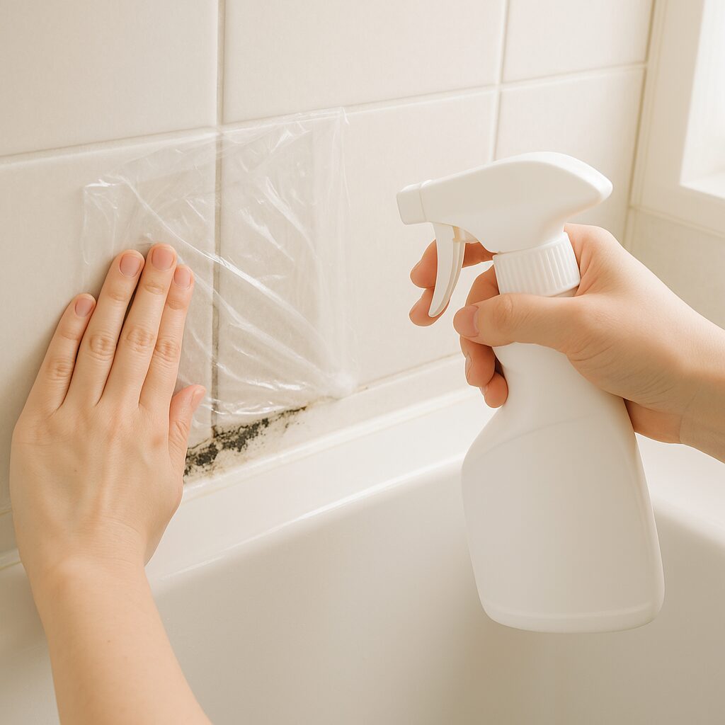 浴室の黒カビに洗剤を塗りラップで覆っている様子