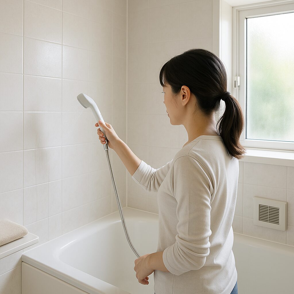 浴室で壁を冷水で流し換気扇を回している様子