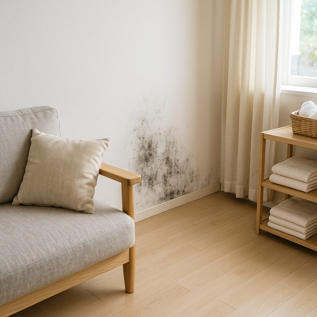 白い壁紙に黒カビが点々と生えた室内の壁