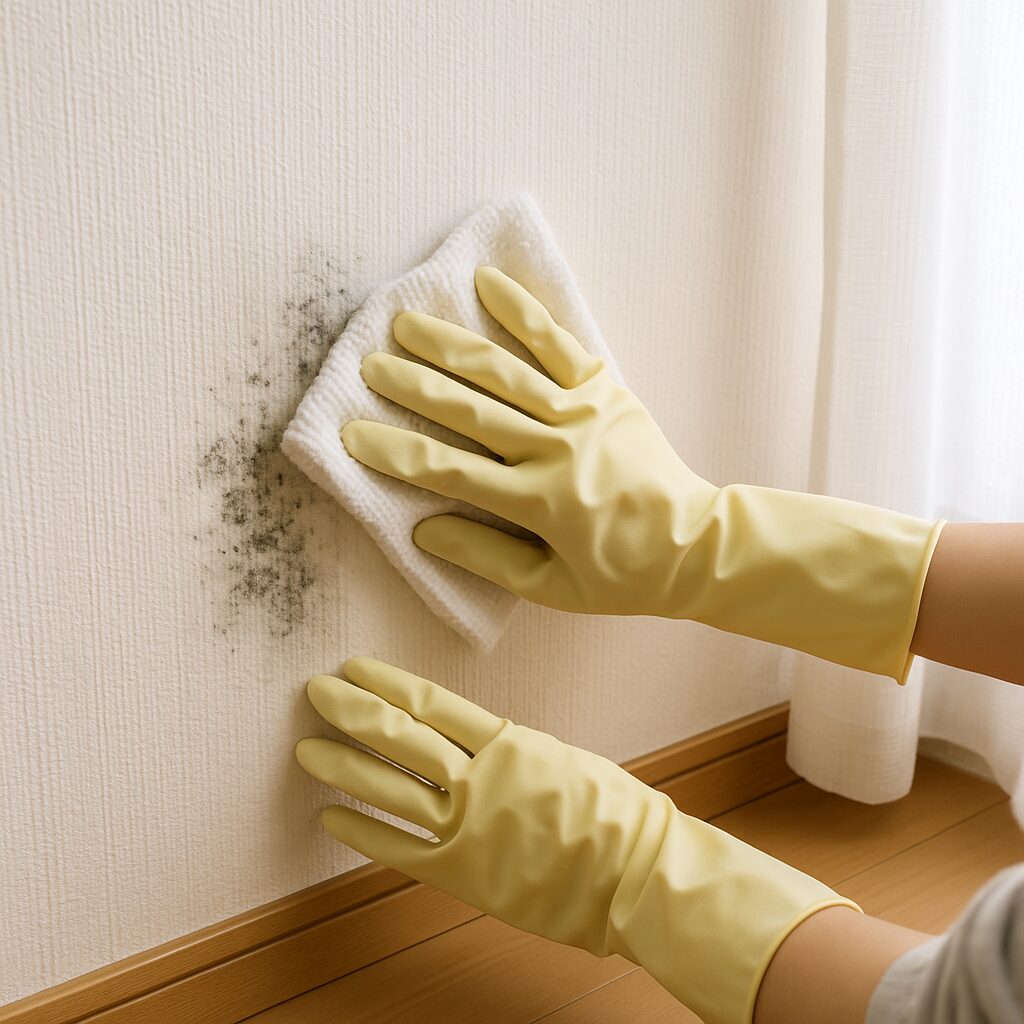 壁紙のカビを雑巾で拭き取っている手元
