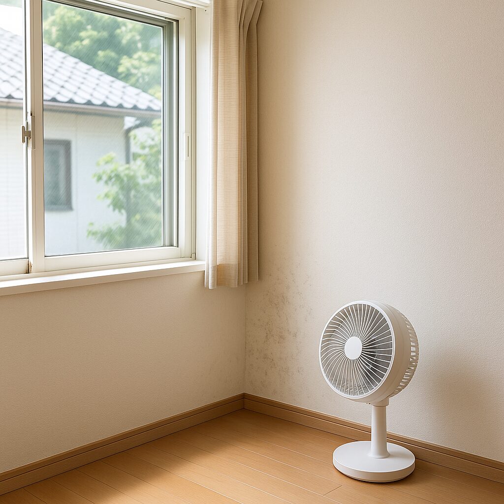 窓を開けて換気しサーキュレーターで壁に風を送っている部屋