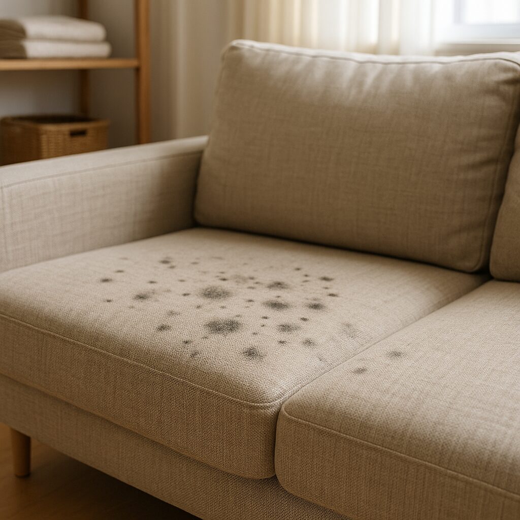 黒いカビが点々と生えた布製ソファのクッション部分のアップ写真