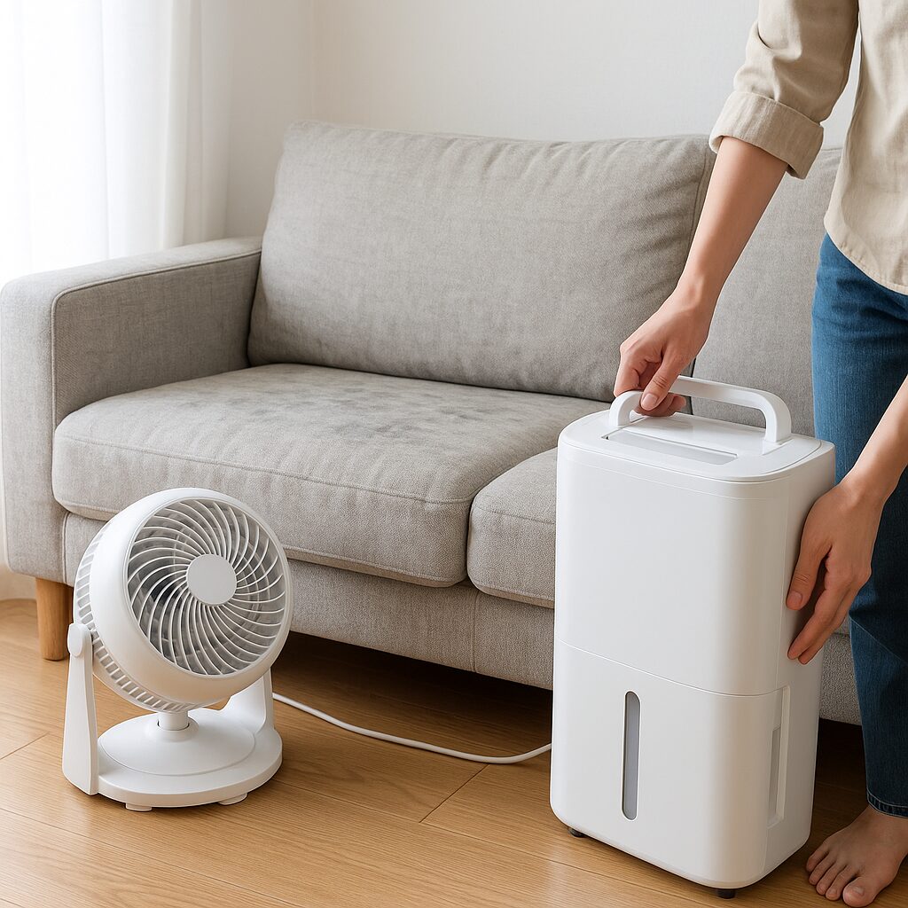 布製ソファに向けてサーキュレーターで風を送りながら除湿している室内の様子