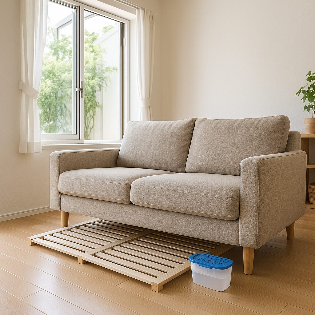 布製ソファの下にすのこと除湿剤を置き、窓を開けて換気しているリビングの予防シーン