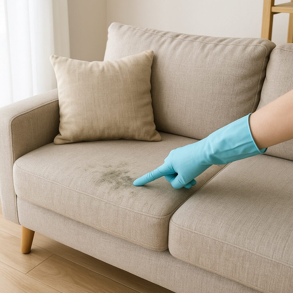 布製ソファに生えたカビを指さしている様子