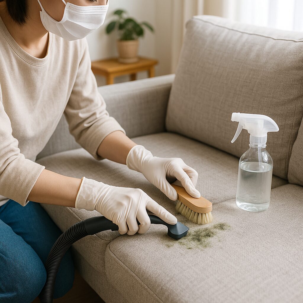 布製ソファのカビを掃除している手元の様子