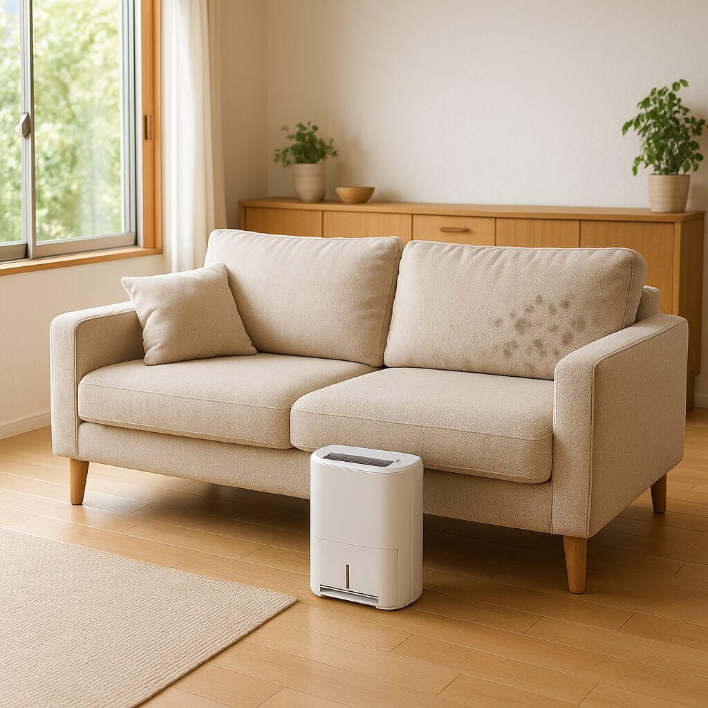 布製ソファ周りのカビ予防のための換気と除湿の様子