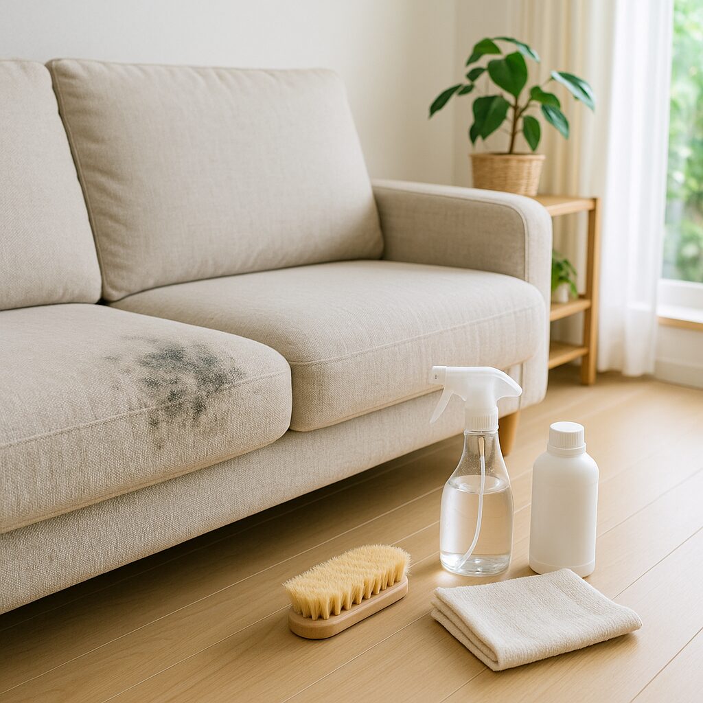 布製ソファのカビ対策をイメージしたリビングの写真