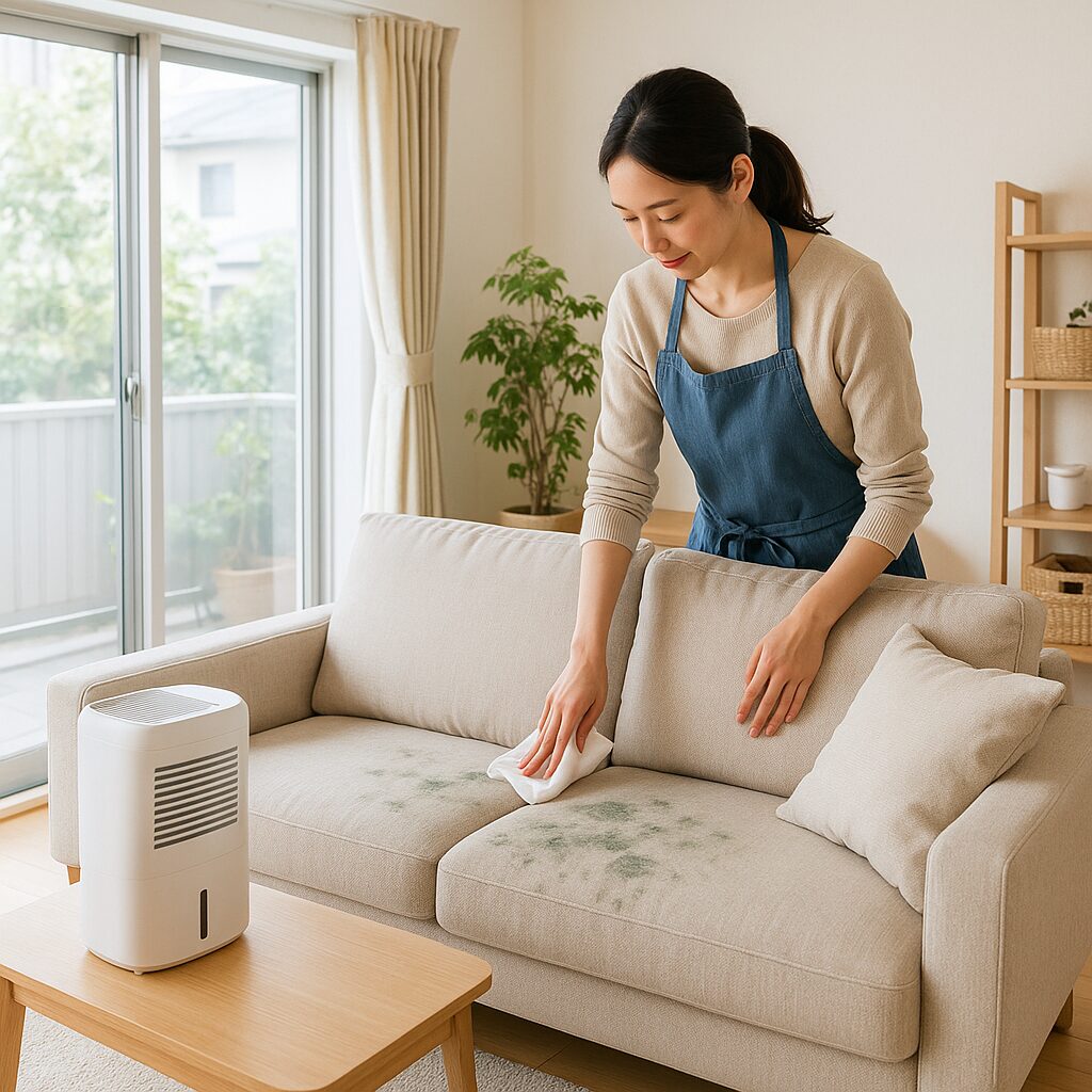 布製ソファのカビ予防のために換気と除湿をしている様子