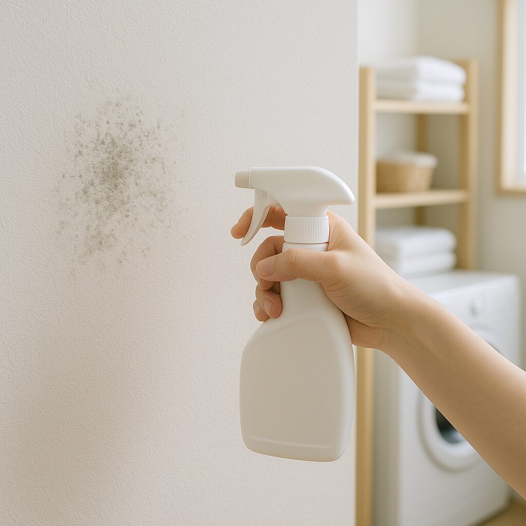 カビが生えた壁紙とカビ取りスプレーを持つ手元