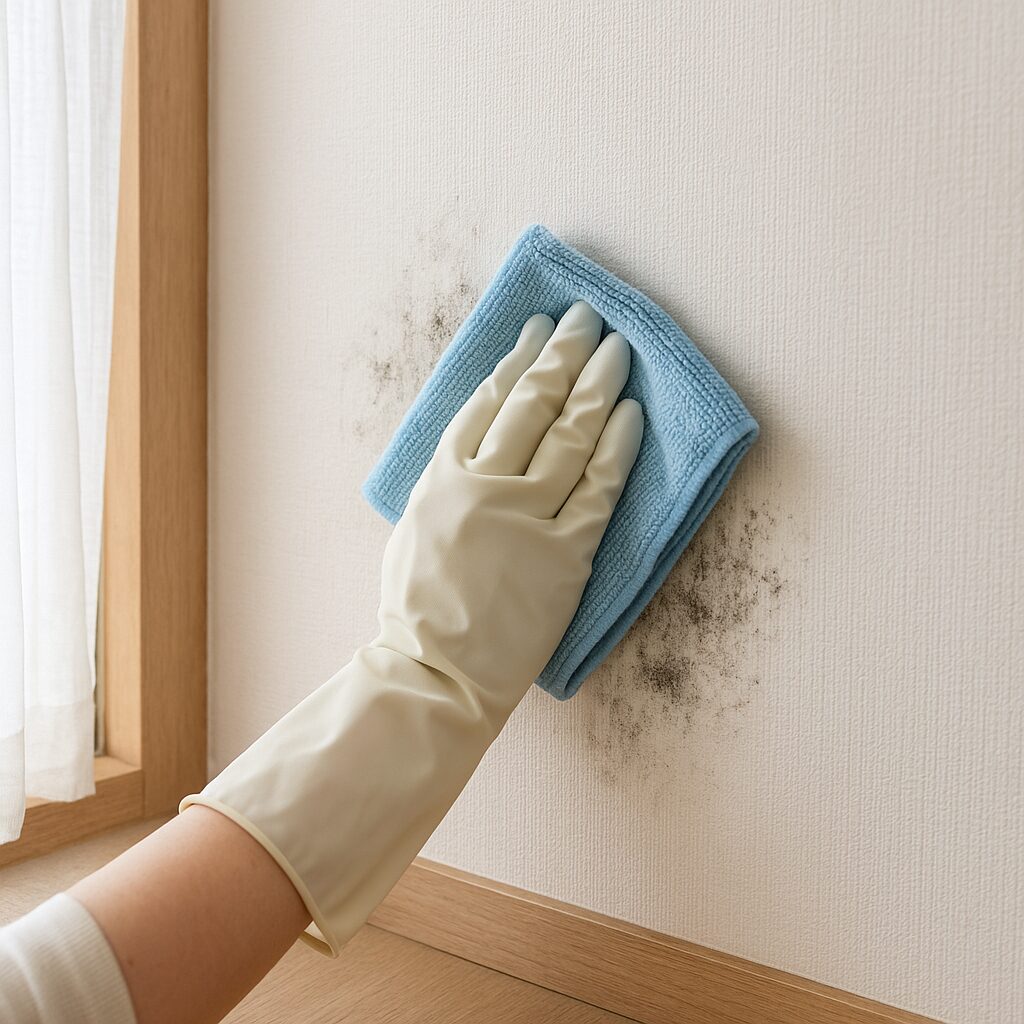 ゴム手袋をして壁紙のカビを拭き取る様子