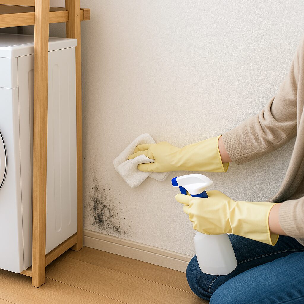 壁紙の黒カビをスポンジで掃除している様子