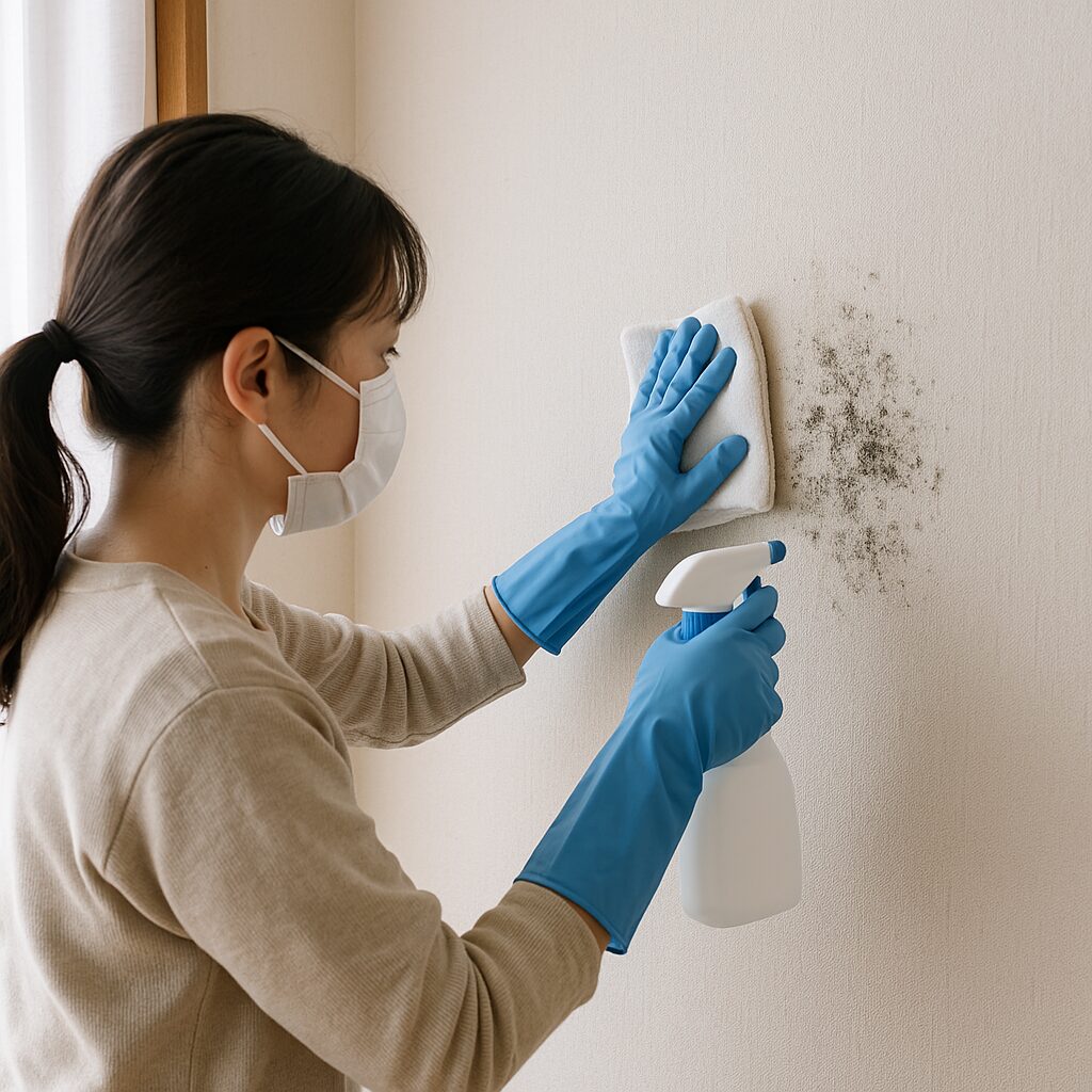 マスクと手袋をした人が壁紙のカビを拭き取っている様子