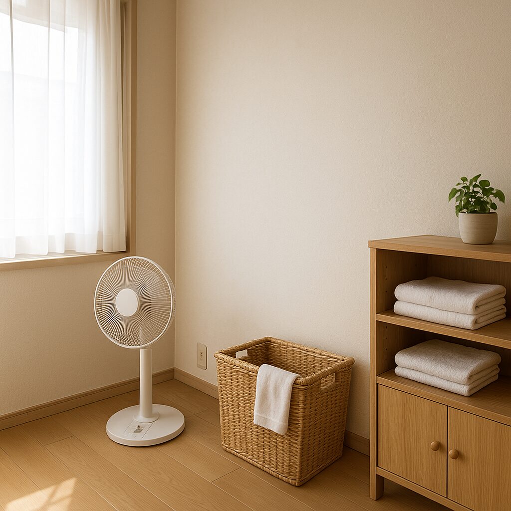窓を開けて換気し、除湿機を使ってカビを予防している室内
