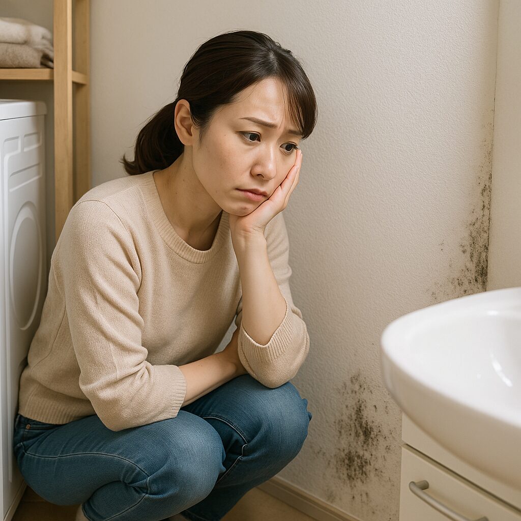 壁紙の隅に生えた黒カビを気にしている人のイメージ写真