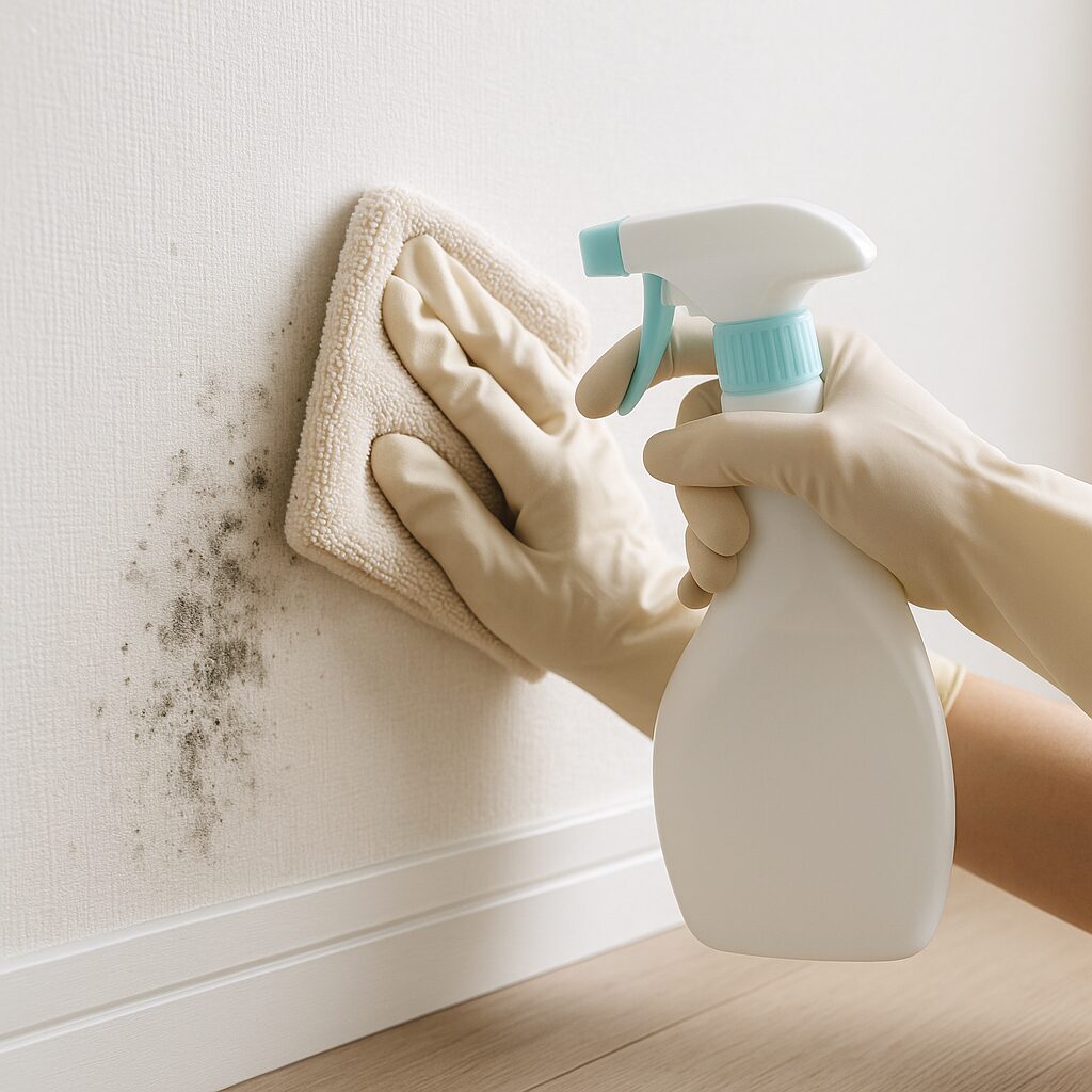 ゴム手袋をして壁紙のカビを掃除している様子