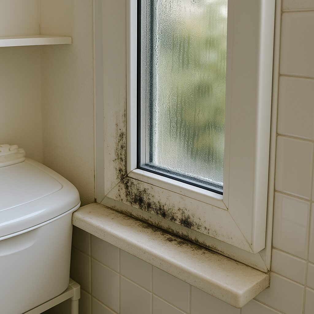 結露とカビが発生している窓枠の様子