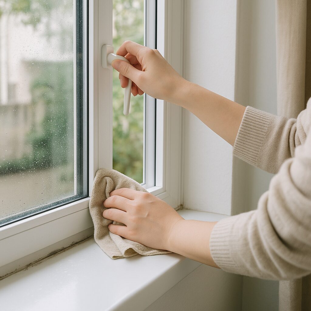 窓枠の水分を拭き取りカビ予防をしている様子