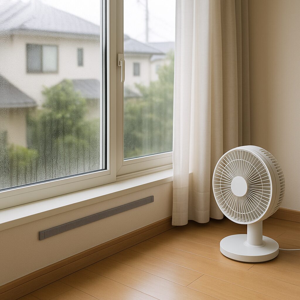 結露テープと送風で窓枠のカビを予防している部屋