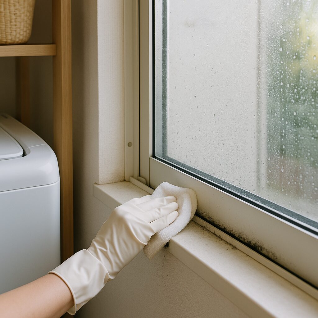 黒カビが生えた窓枠を掃除している様子
