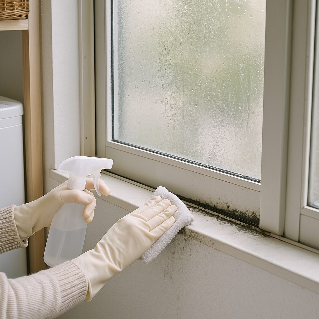 結露で黒カビが生えた窓枠の様子