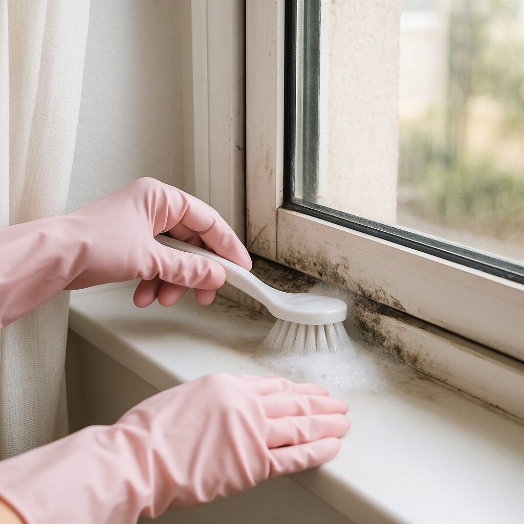 窓枠のカビを掃除している手元