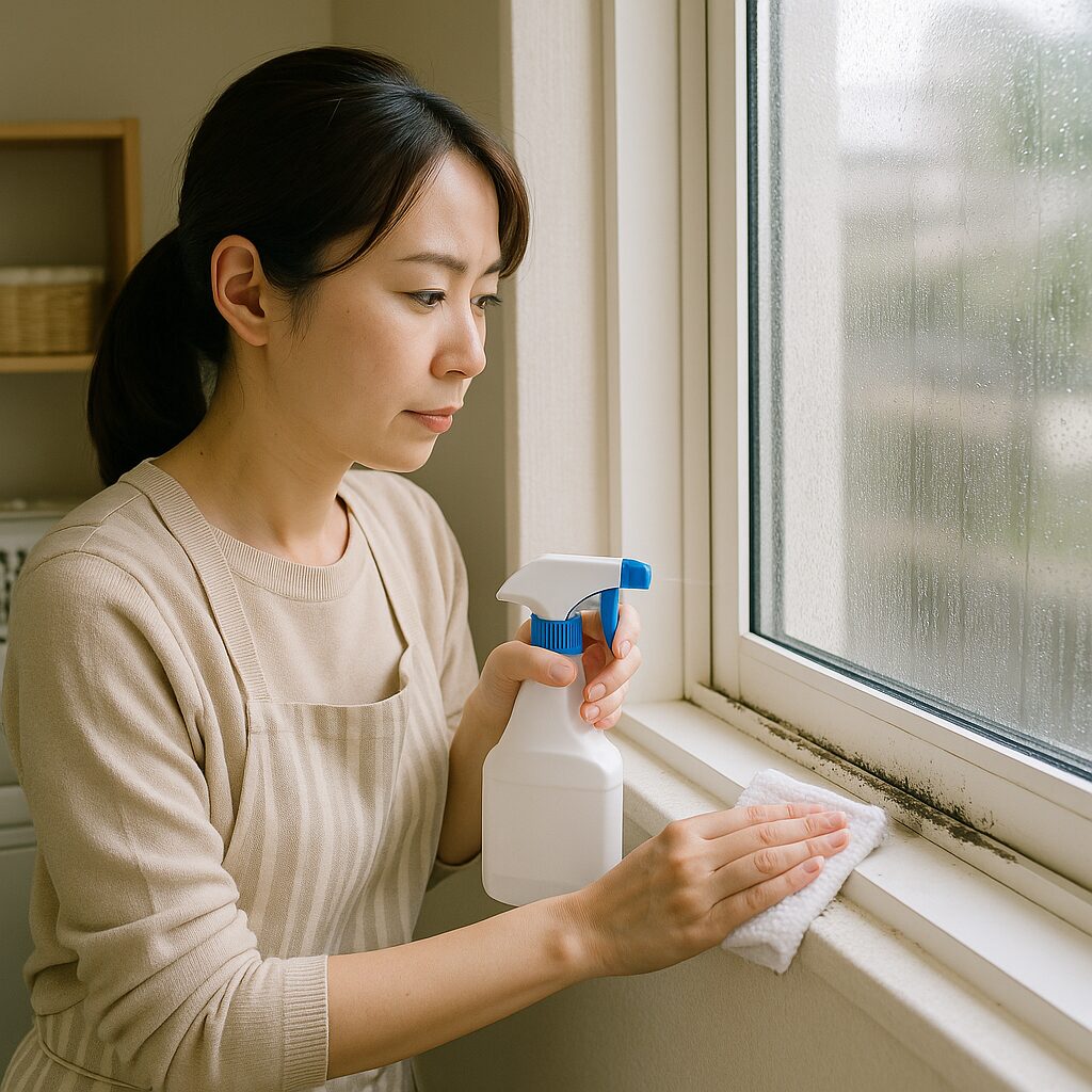 黒カビが生えた窓枠を掃除しようとしている様子