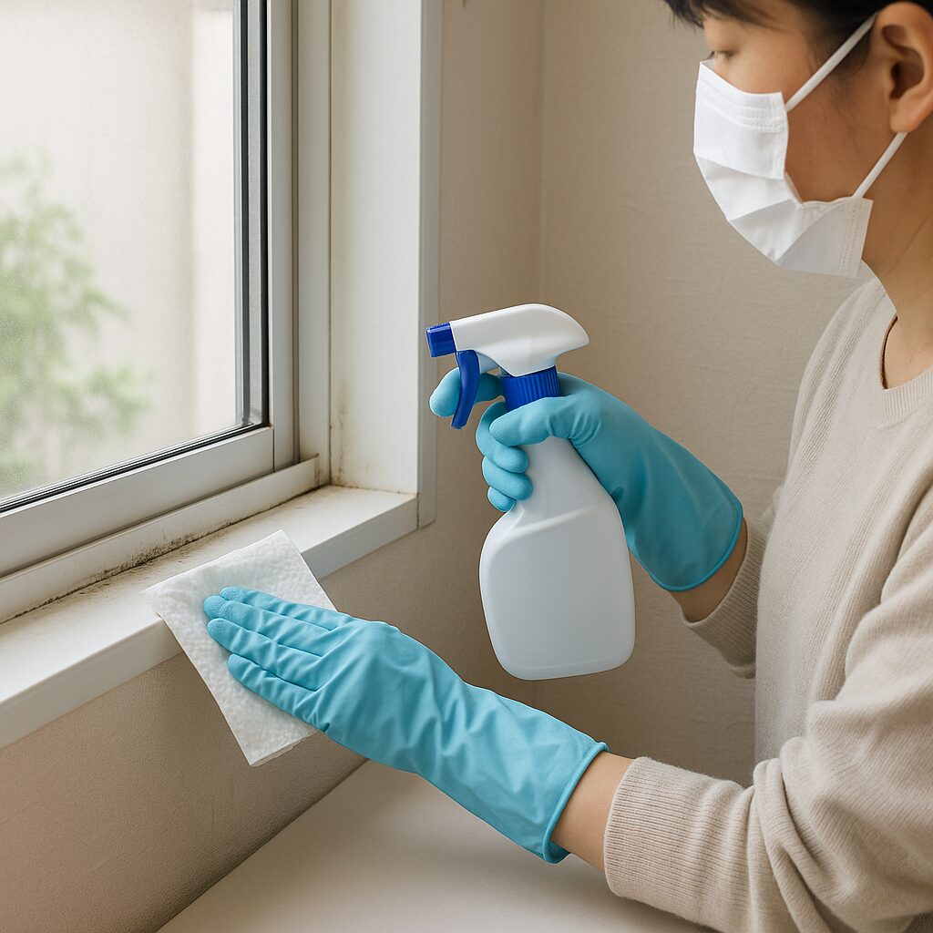 窓枠のカビに洗剤をしみこませたペーパーを貼るカビ取りの方法