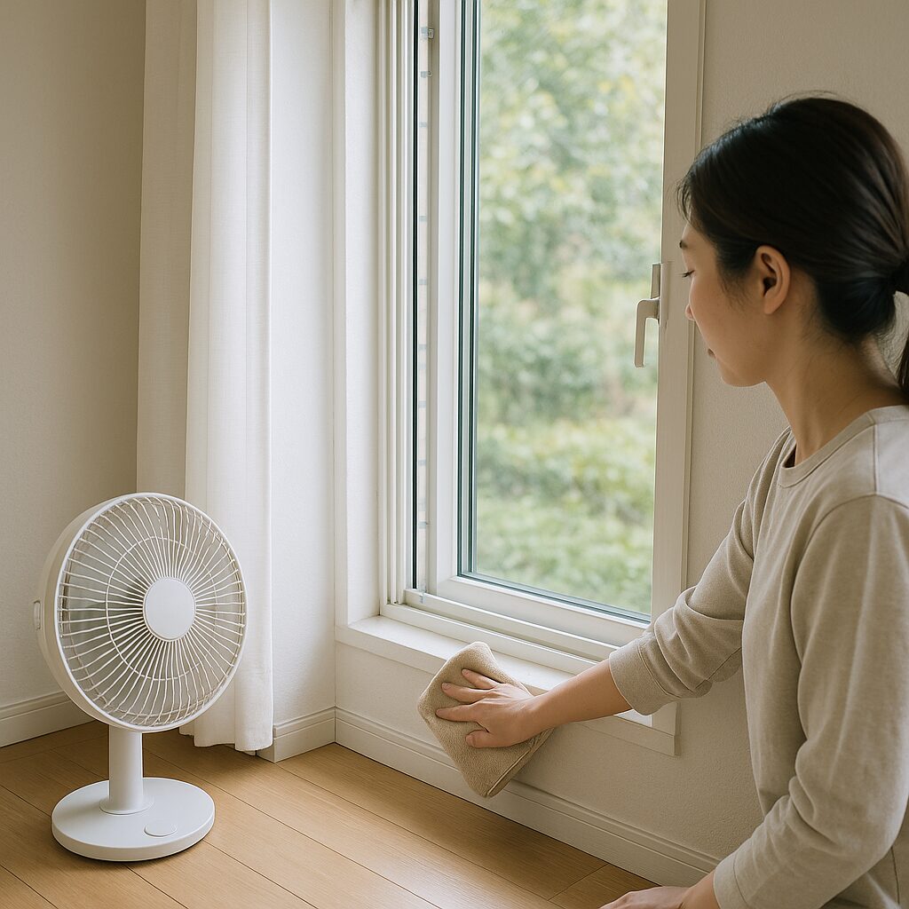 窓を開けてサーキュレーターで乾燥させカビを予防している様子