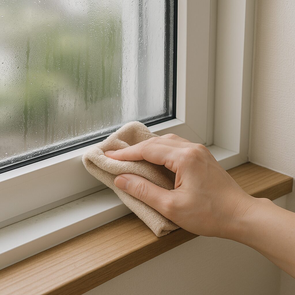 窓枠の水滴や汚れを布で拭き取っている様子