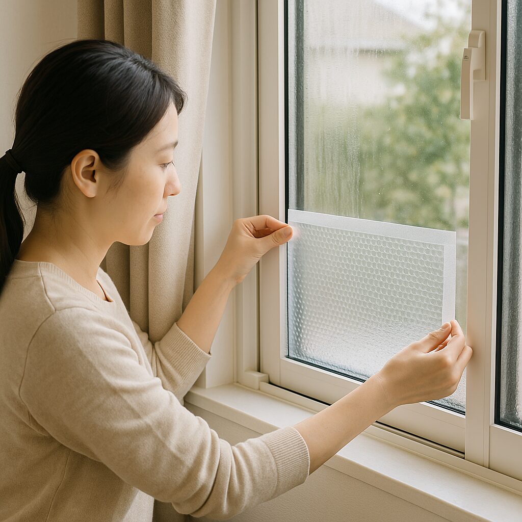 窓ガラスに結露防止のシートを貼ってカビを予防している様子