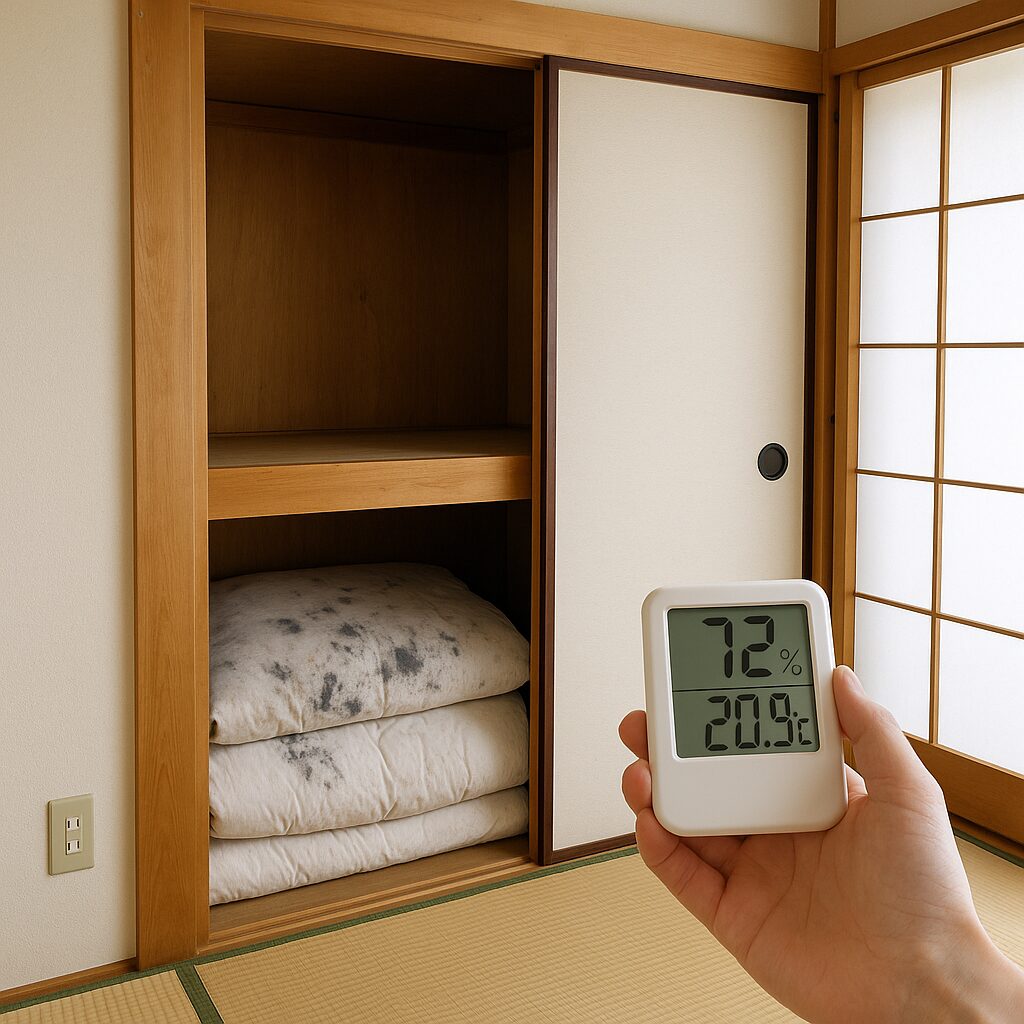 カビが生えた押入れの布団と湿気を示すメーター