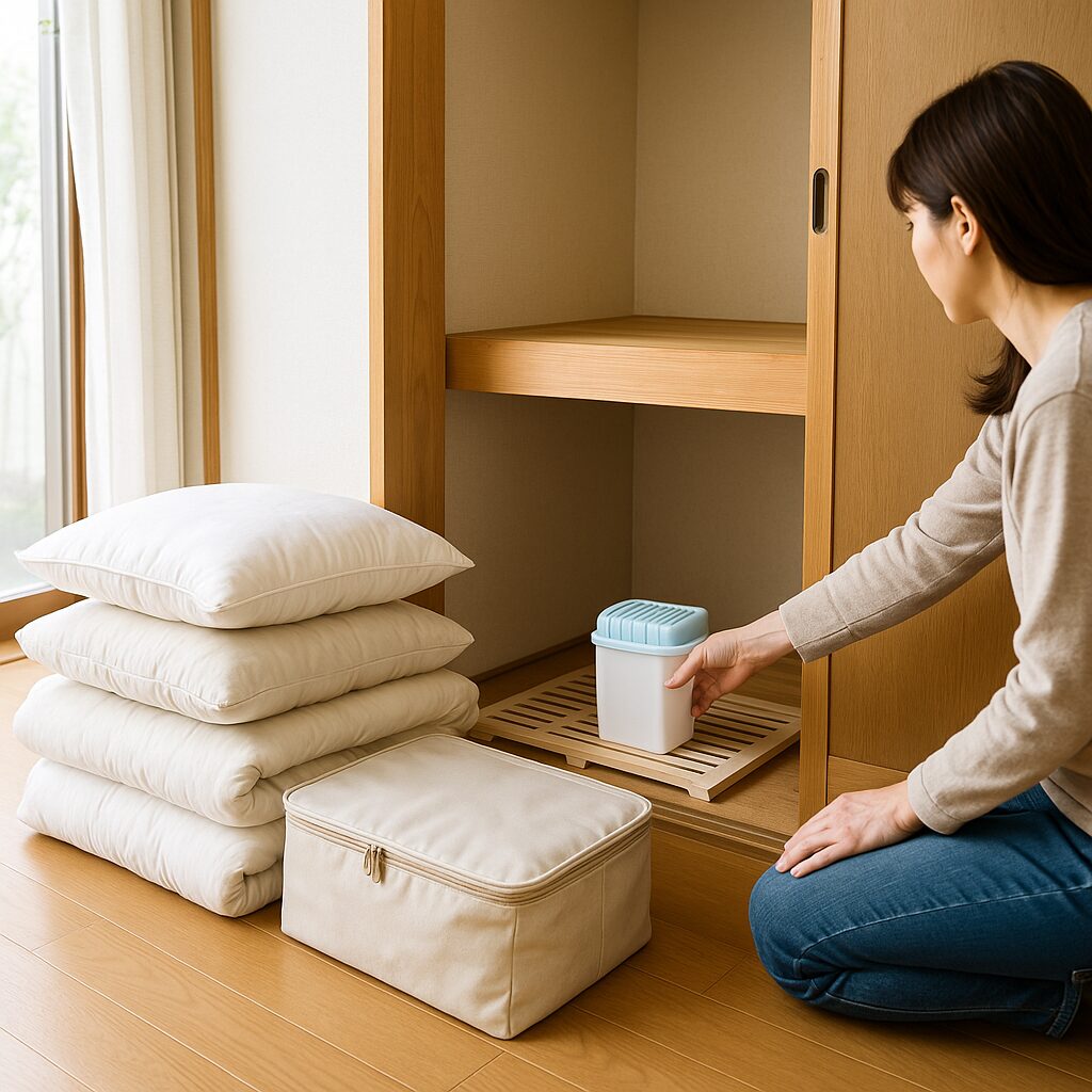 押入れのカビ対策として中身を出して除湿と換気をしているところ