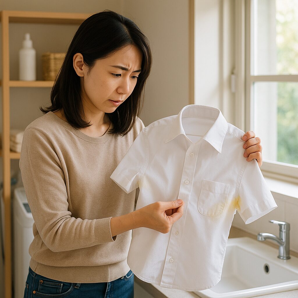 白いシャツの脇と襟にできた汗ジミの黄ばみ