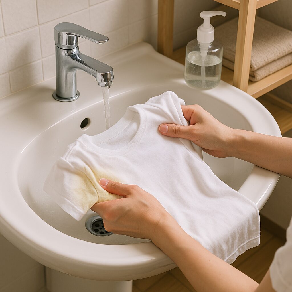 汗ジミがついた白いTシャツを手洗いしている様子