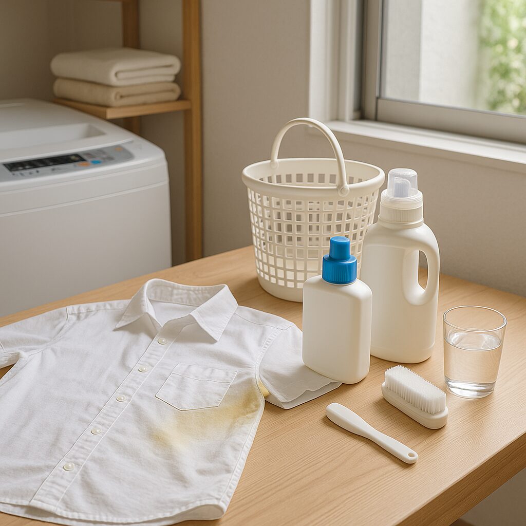 汗ジミがついた白いシャツと洗濯洗剤が並んだイメージ