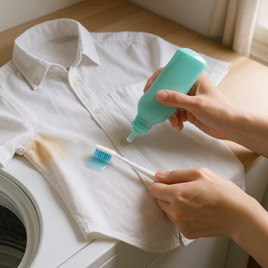 汗ジミ部分に液体洗剤をなじませて落とす手順のイメージ