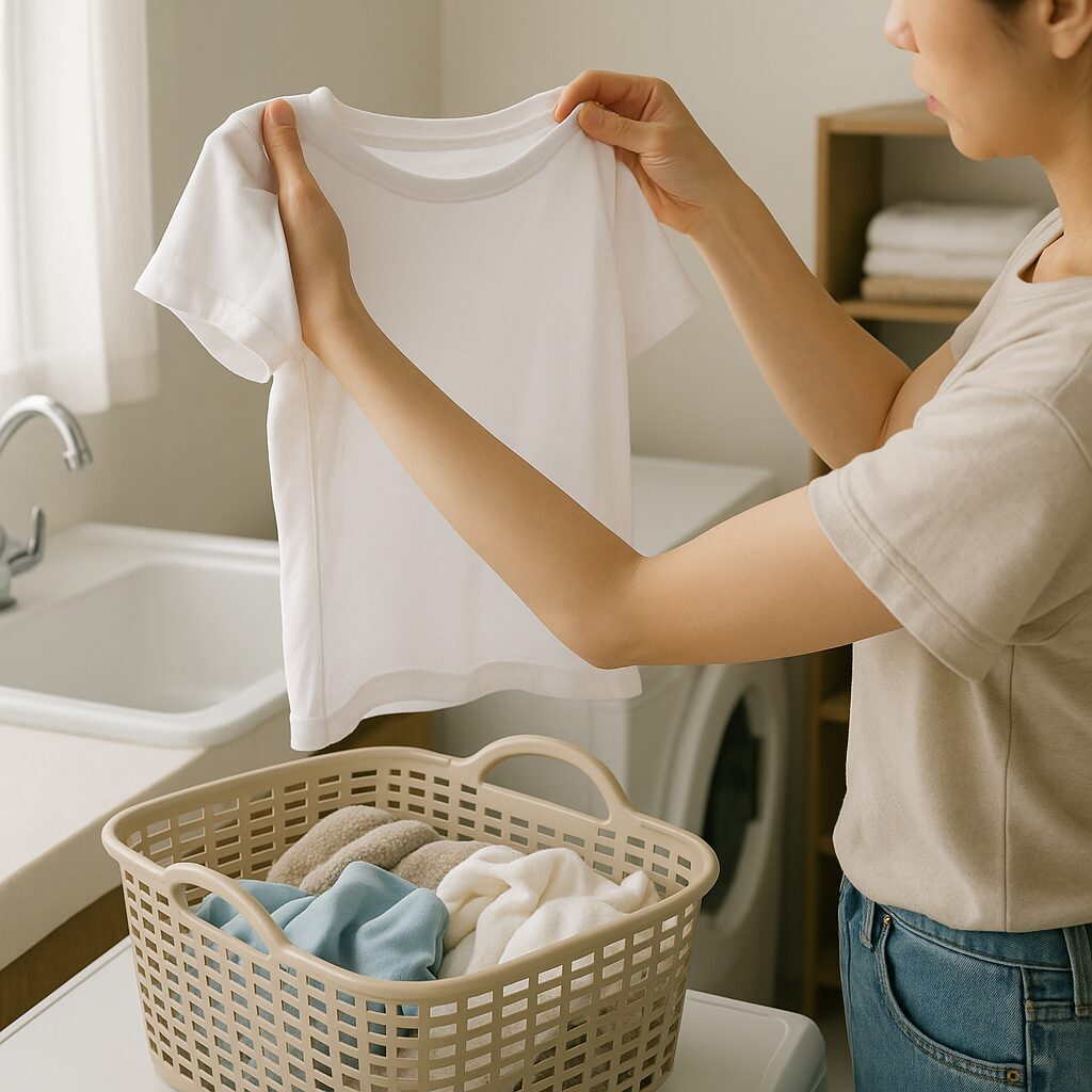 汗ジミのつきやすい白いTシャツを確認している様子
