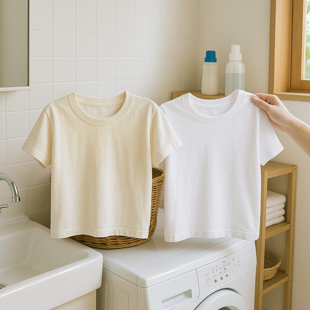 黄ばみが目立つ白いTシャツと真っ白なTシャツを並べた様子