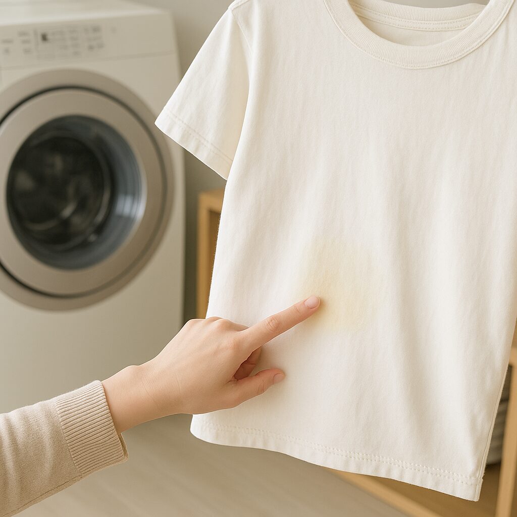 衣類の脇や首回りの黄ばみ部分を指して原因を説明している図解