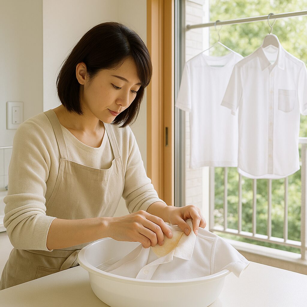 襟や脇を部分洗いしてから洗濯し、風通しのよい室内に干している様子