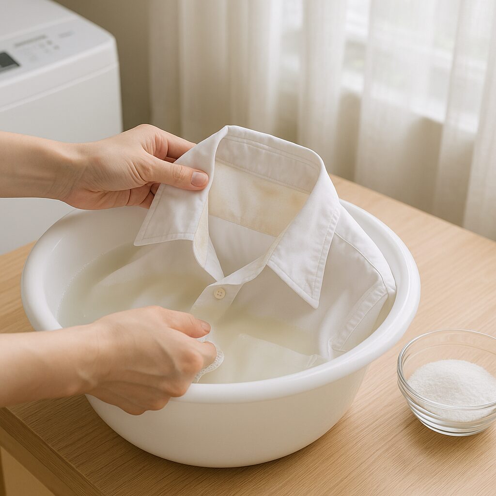 酸素系漂白剤を使ってシャツの黄ばみを落としている様子