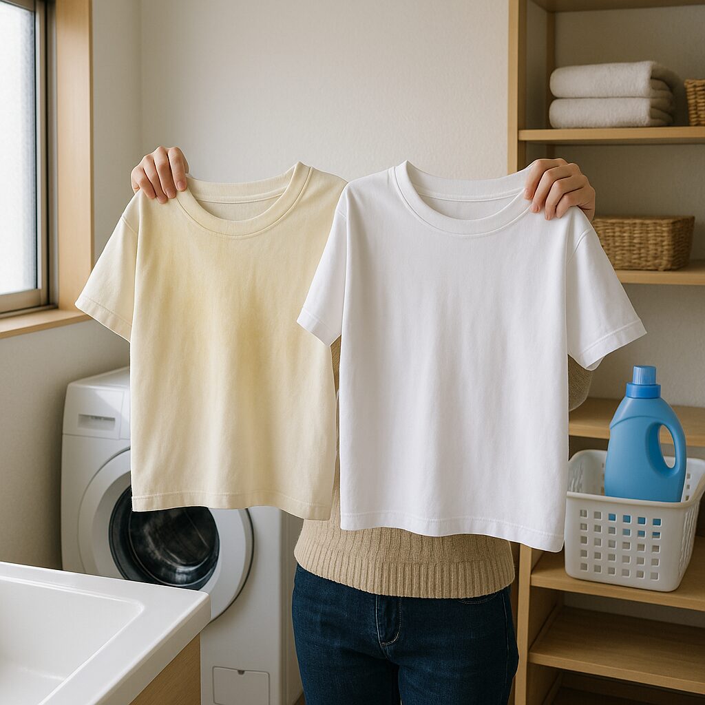 黄ばみのついた白いTシャツと、黄ばみが落ちて白くなったTシャツの比較