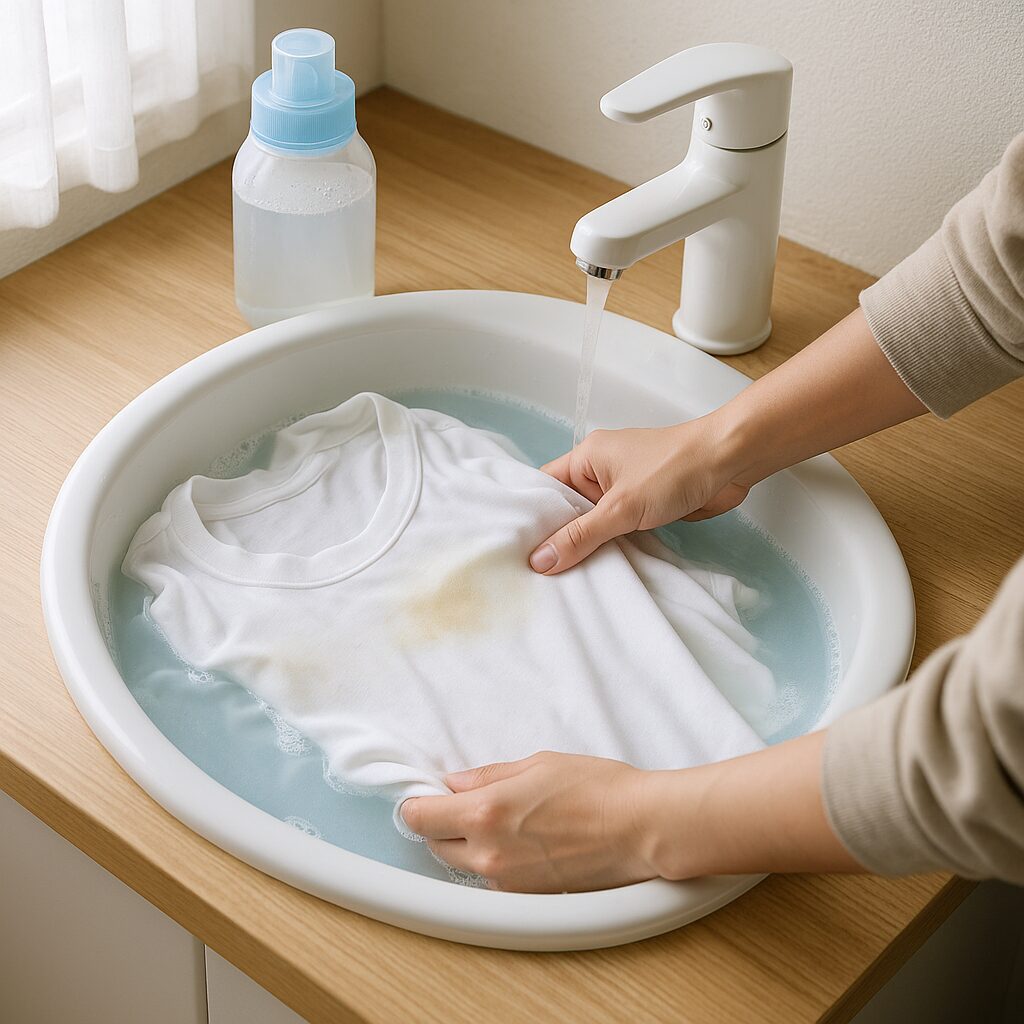 黄ばみ落としのために洗面ボウルで衣類を浸け置きしているところ