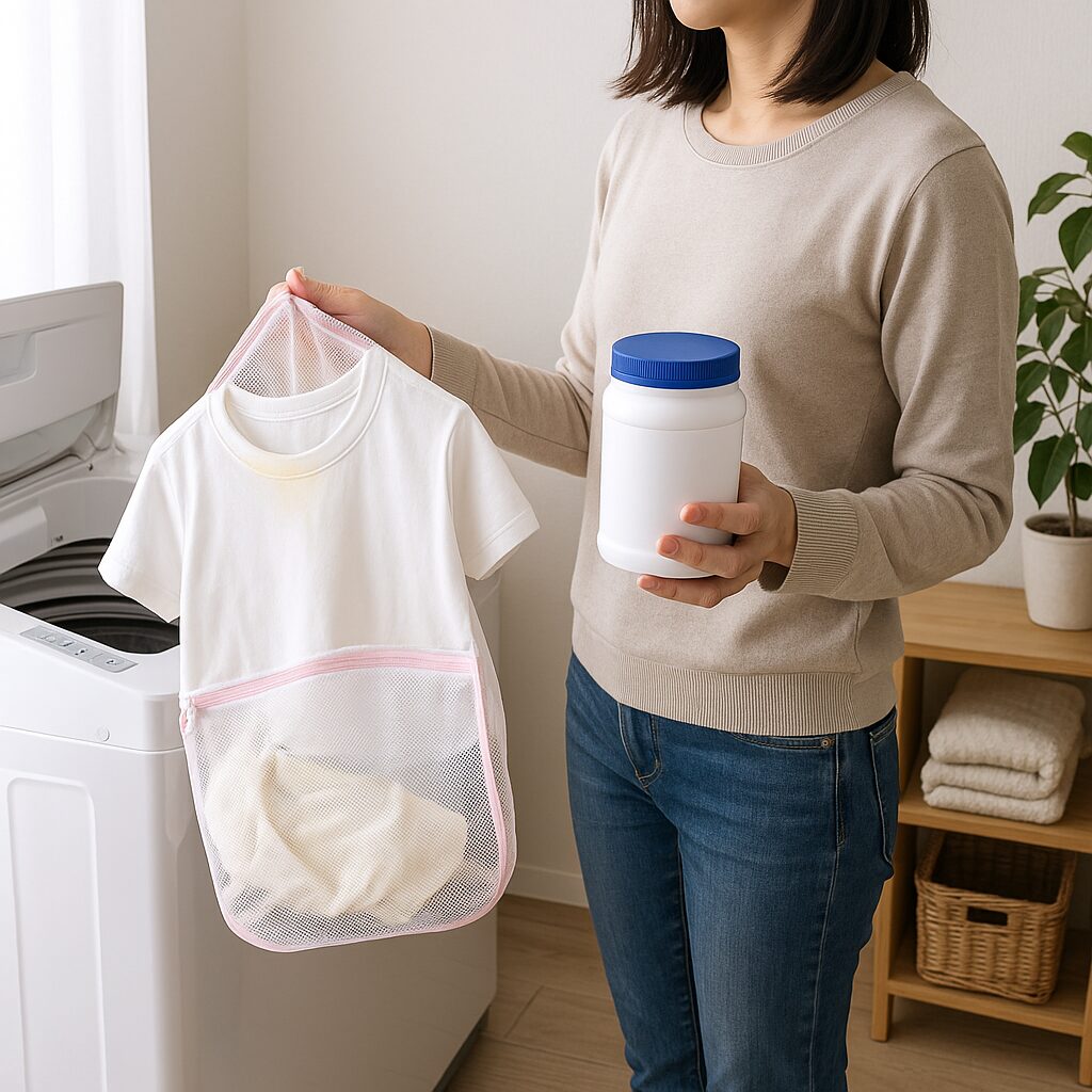 黄ばみ予防のために洗濯ネットや漂白剤を準備する様子